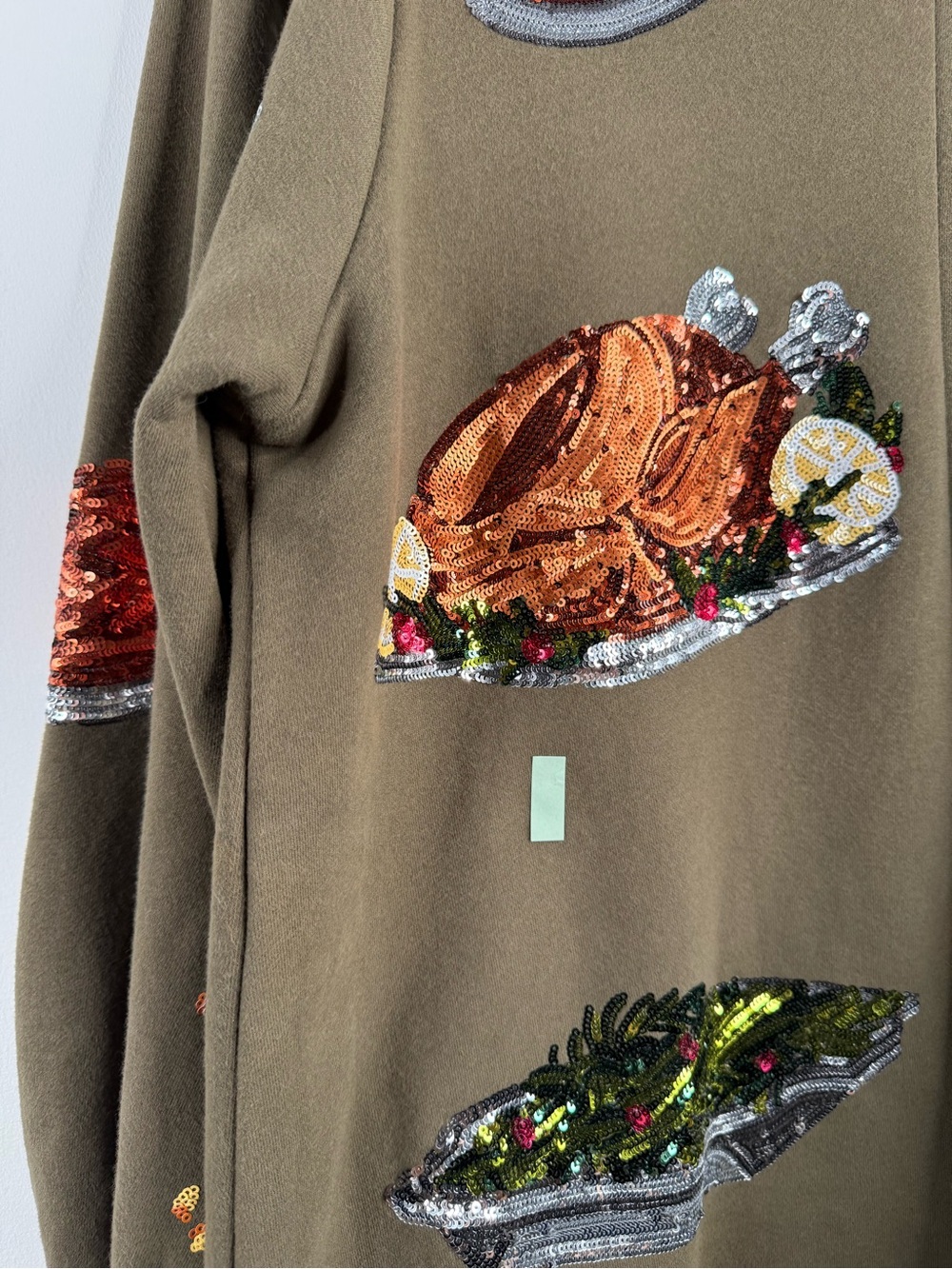 Queen of Sparkles Thanksgiving Sequin Turkey Food Sweatshirt Olive Green Women S - Picture 14 of 14